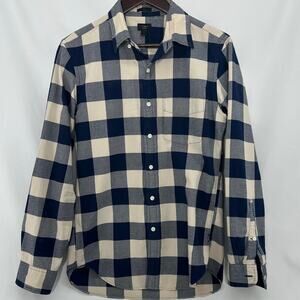 J. Crew Button Up Oxford Shirt Mens Small Slim Fit Blue Tan Buffalo Plaid Rustic